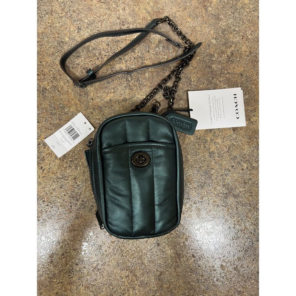 COACH ~ Tall Camera Bag w Quilting Crossbody Leather Chain Metallic Green  C6739